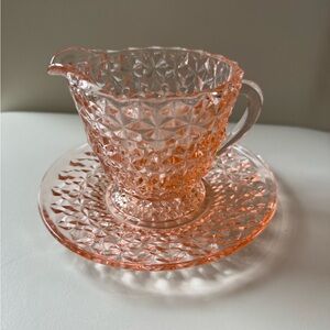 Vintage 1950s Jeanette Holiday Pink Depression Glass Creamer and Saucer Set